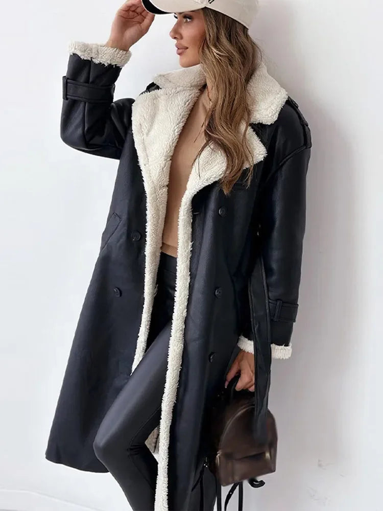 Women’s Long Lapel Coat With Plush Trim