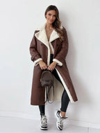 Women’s Long Lapel Coat With Plush Trim