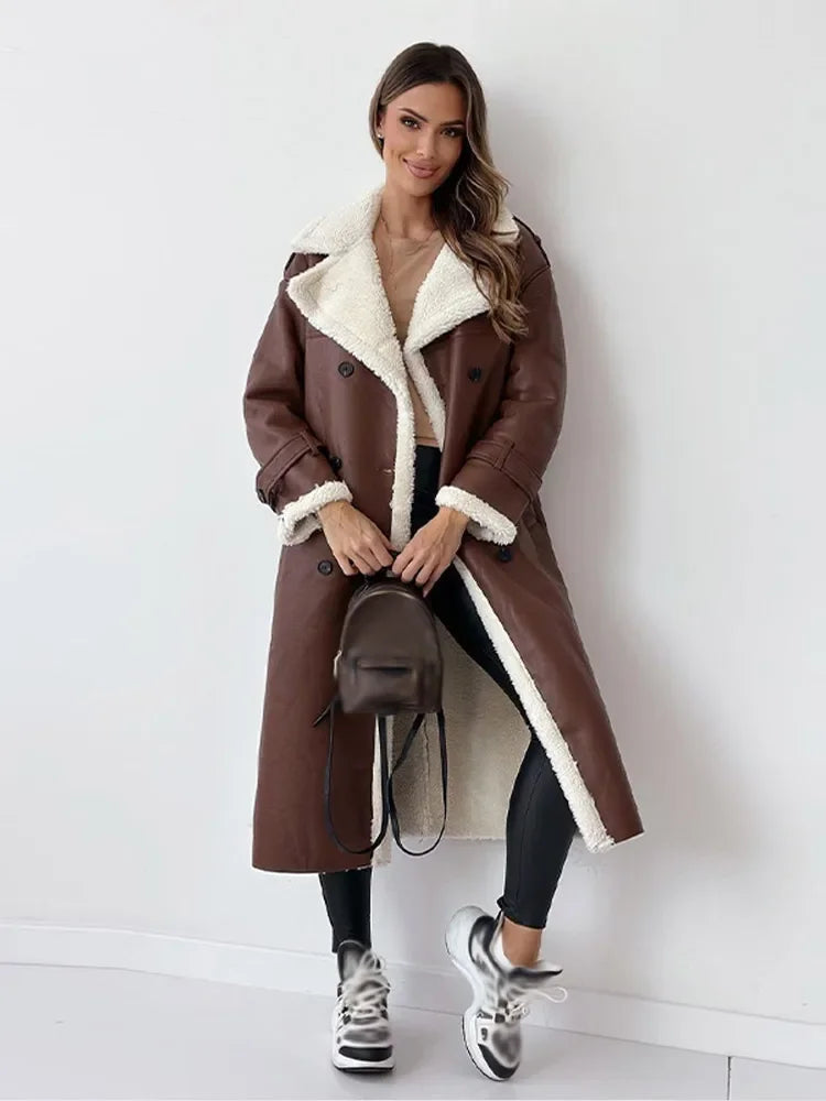 Women’s Long Lapel Coat With Plush Trim