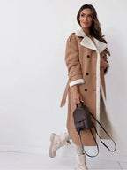 Women’s Long Lapel Coat With Plush Trim