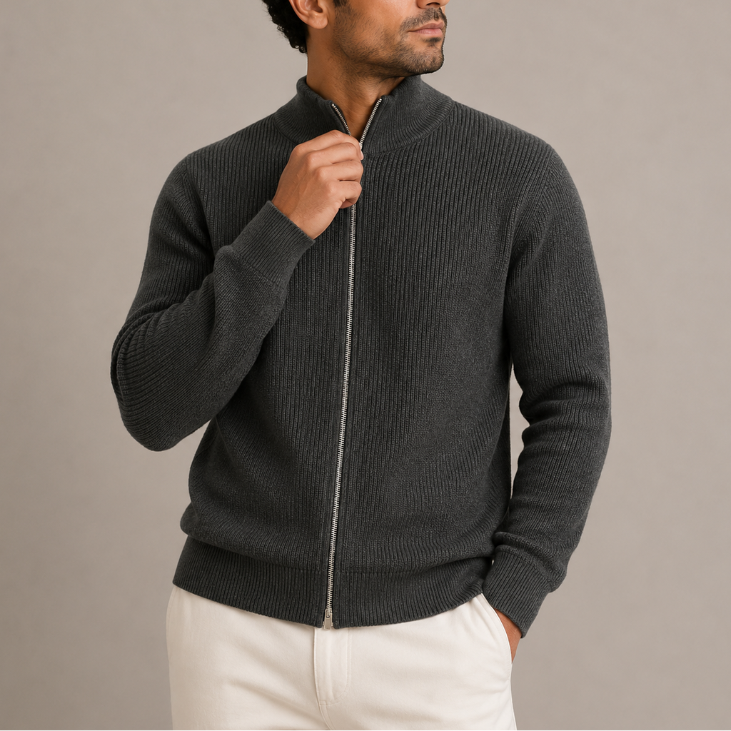 Men's Ribbed Knit Full Zip Sweater