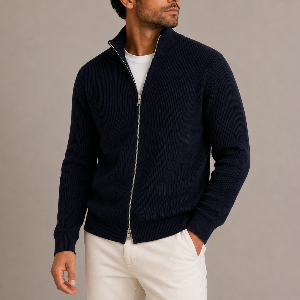 Men's Ribbed Knit Full Zip Sweater