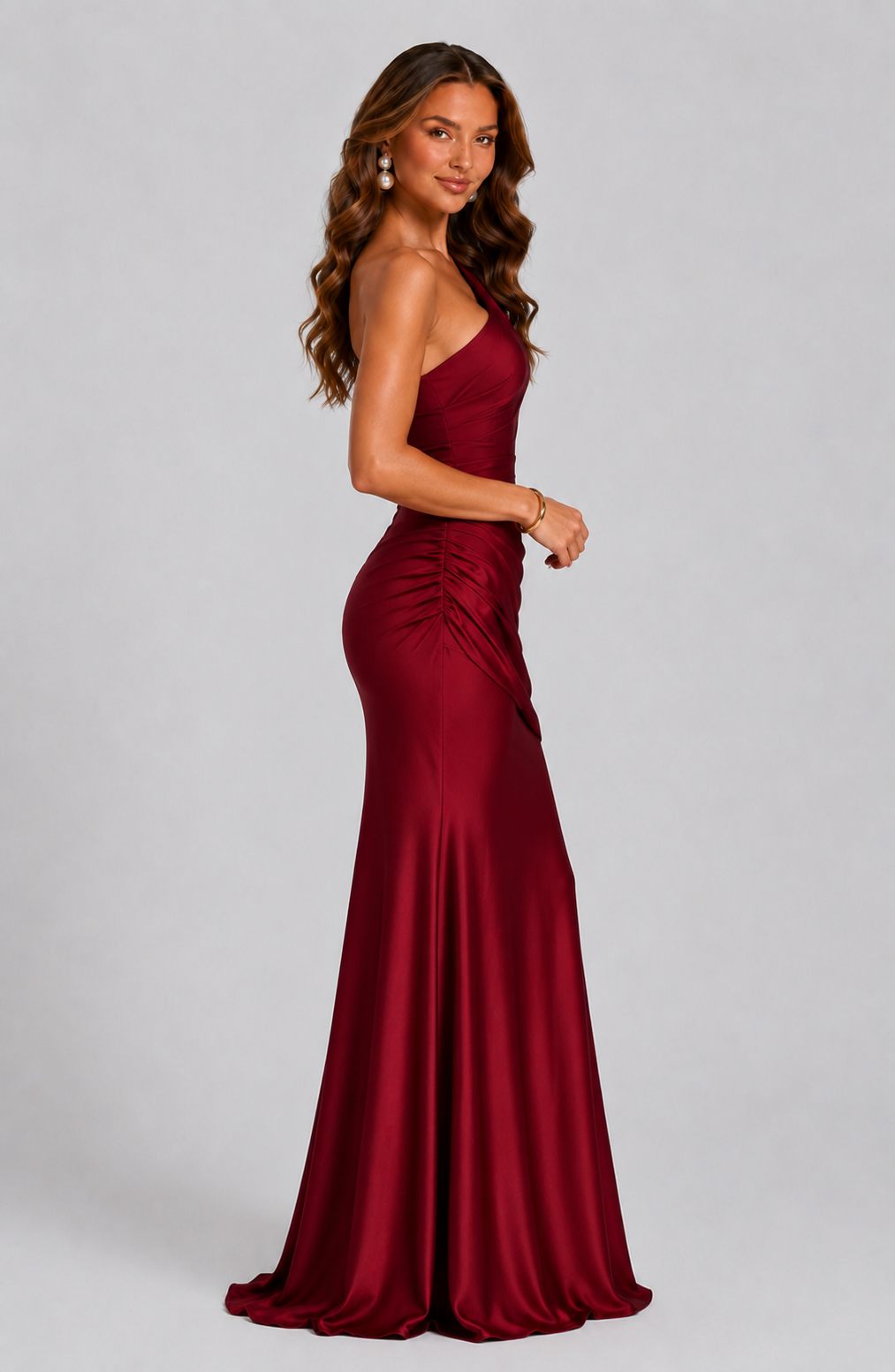 Women's One Shoulder Ruched Maxi Evening Dress
