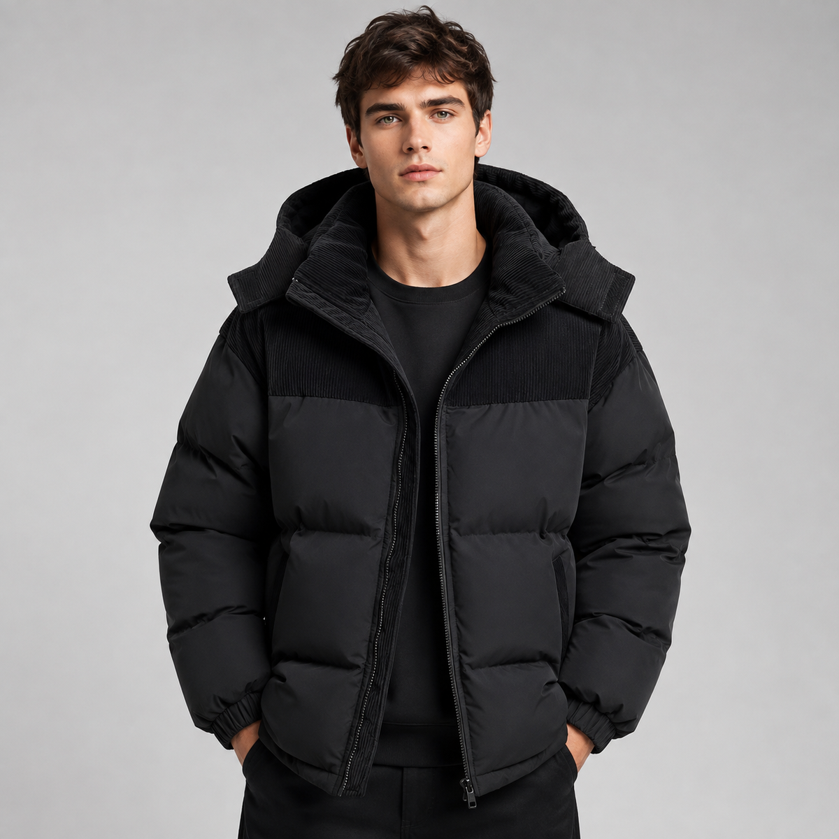 Men’s Hooded Puffer Jacket with Zip Front