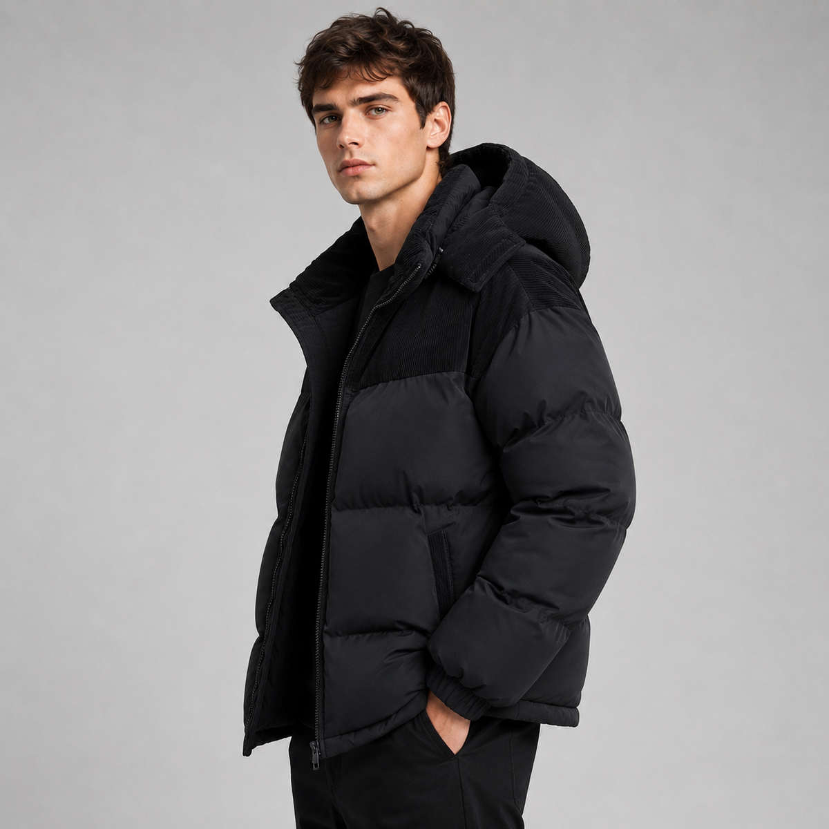 Men’s Hooded Puffer Jacket with Zip Front