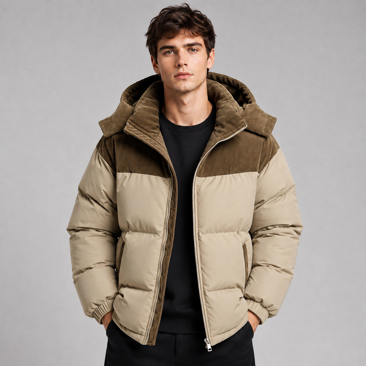 Men’s Hooded Puffer Jacket with Zip Front