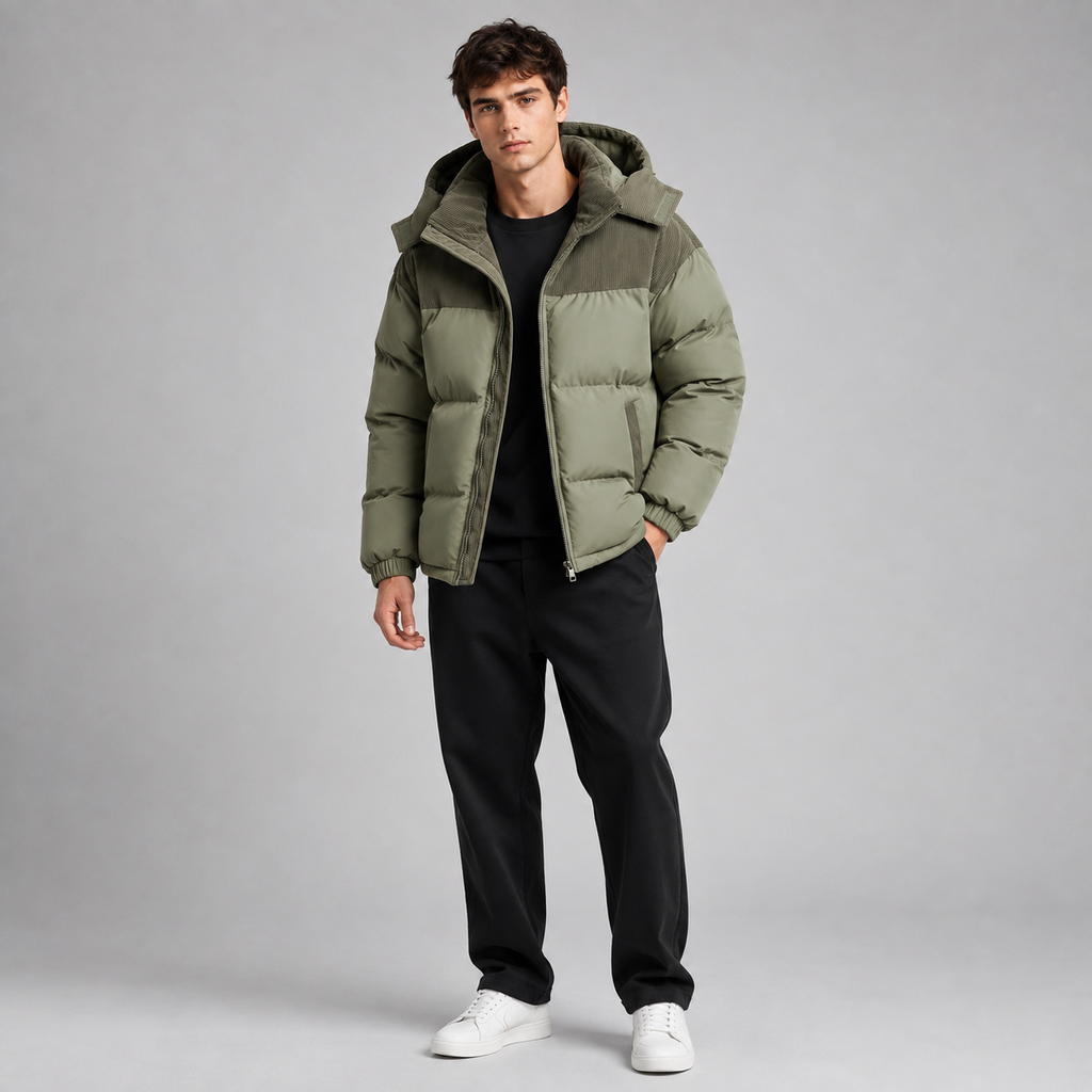 Men’s Hooded Puffer Jacket with Zip Front