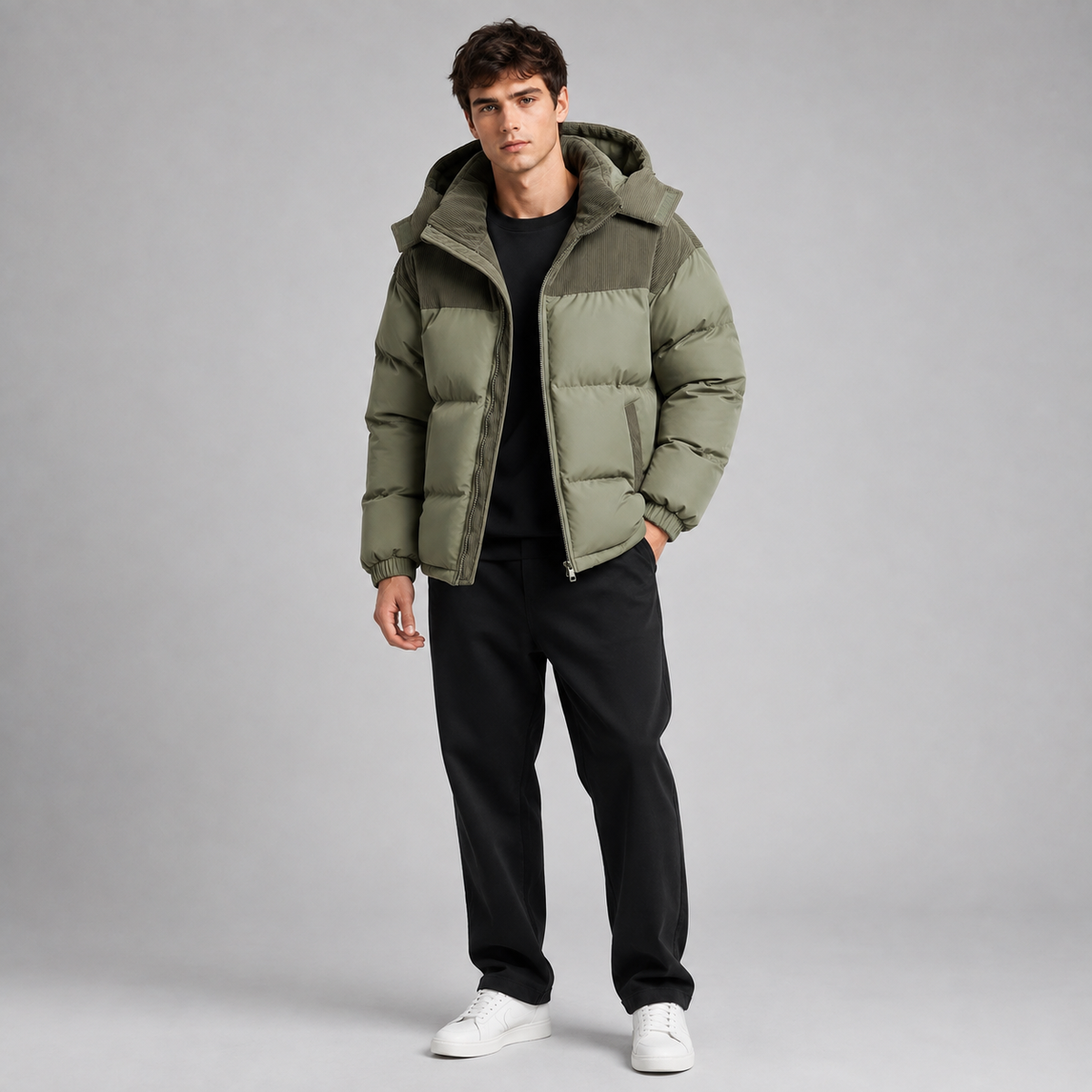 Men’s Hooded Puffer Jacket with Zip Front