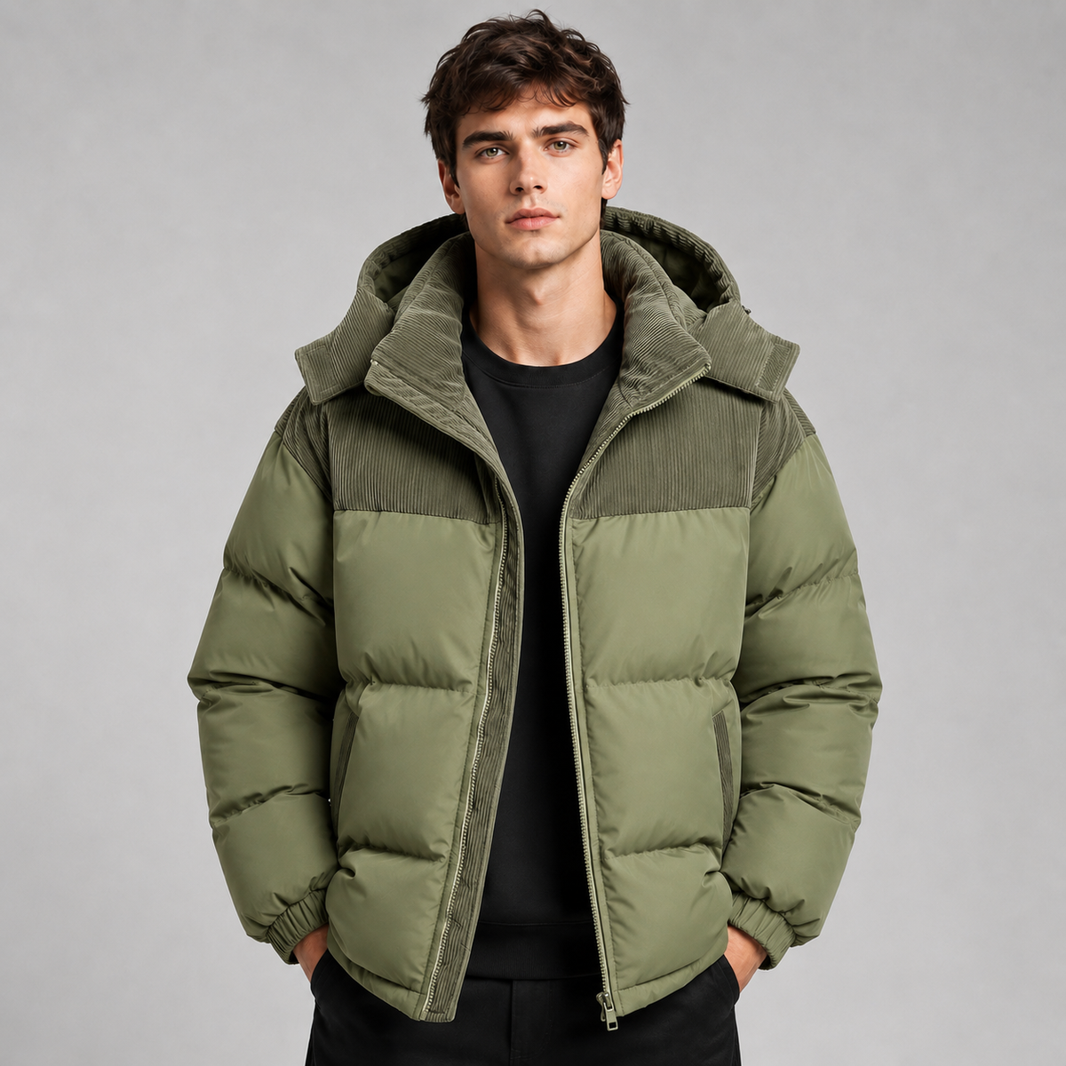 Men’s Hooded Puffer Jacket with Zip Front