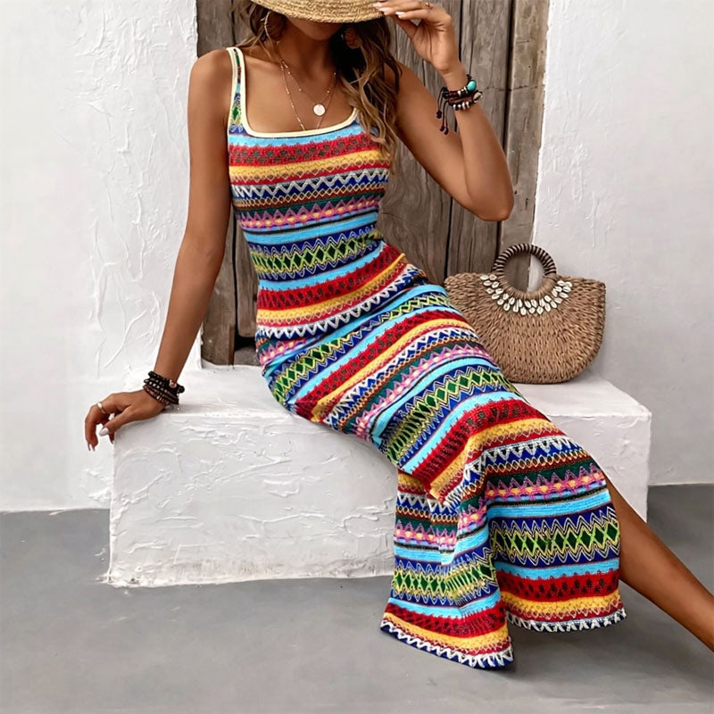 Women’s Geometric Print Fitted Maxi Dress