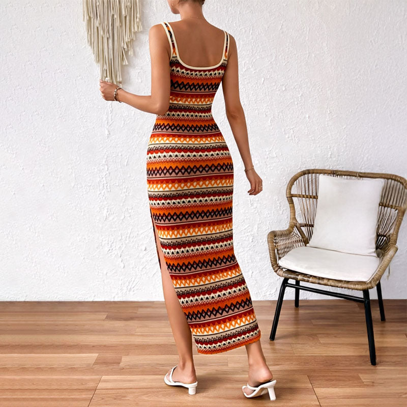 Women’s Geometric Print Fitted Maxi Dress