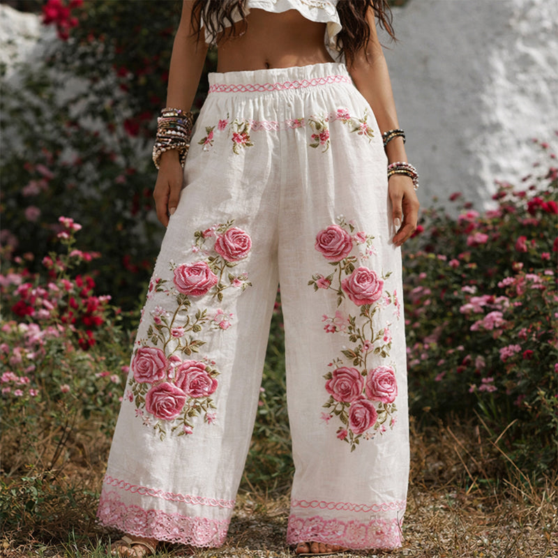 Women’s Floral Appliqué Wide-Leg Pants
