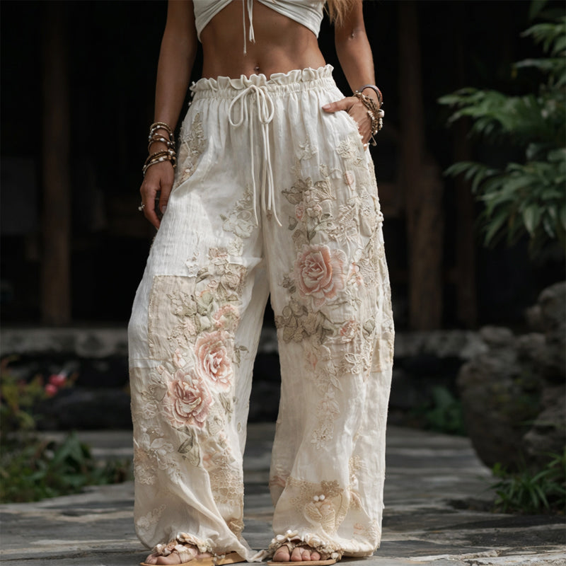 Women’s Floral Appliqué Wide-Leg Pants