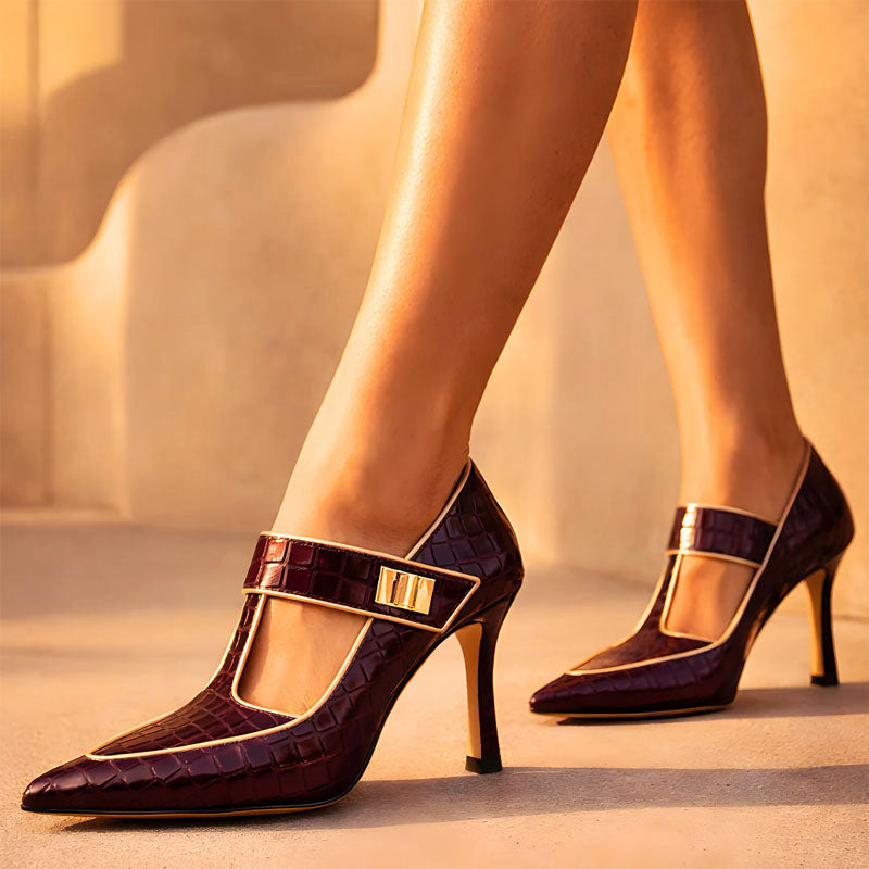 Women’s Croc-Embossed T-Strap Pumps