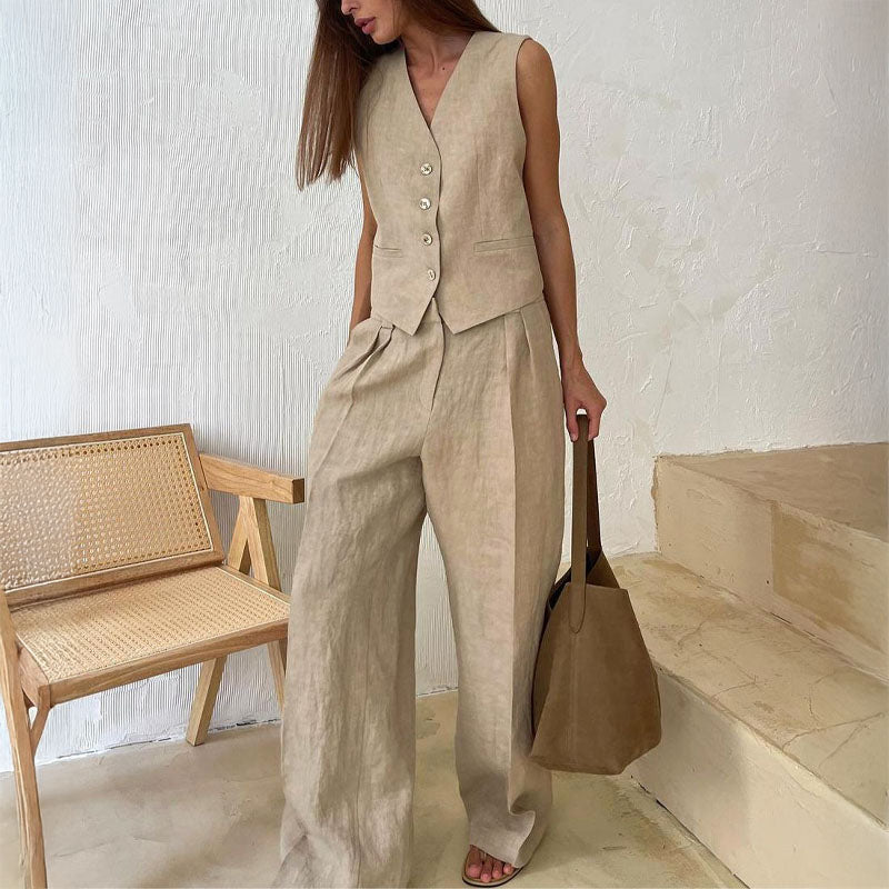 Women’s Button Vest and Wide-Leg Pants Set