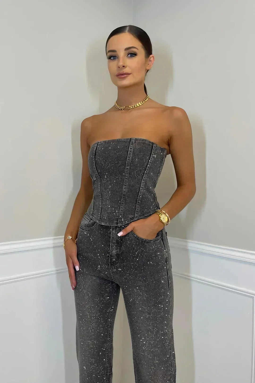 Women's Sparkle Strapless Jumpsuit