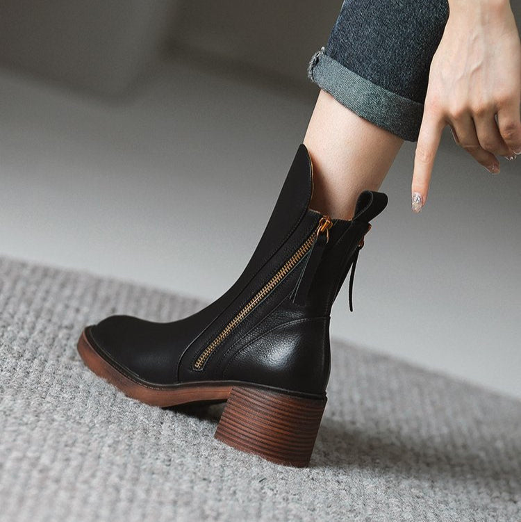 Women's Mid-Calf Zip Detail Block Heel Boots
