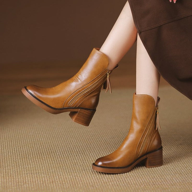 Women's Mid-Calf Zip Detail Block Heel Boots