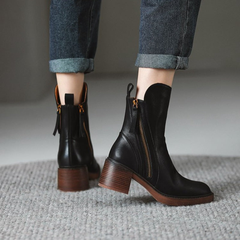 Women's Mid-Calf Zip Detail Block Heel Boots