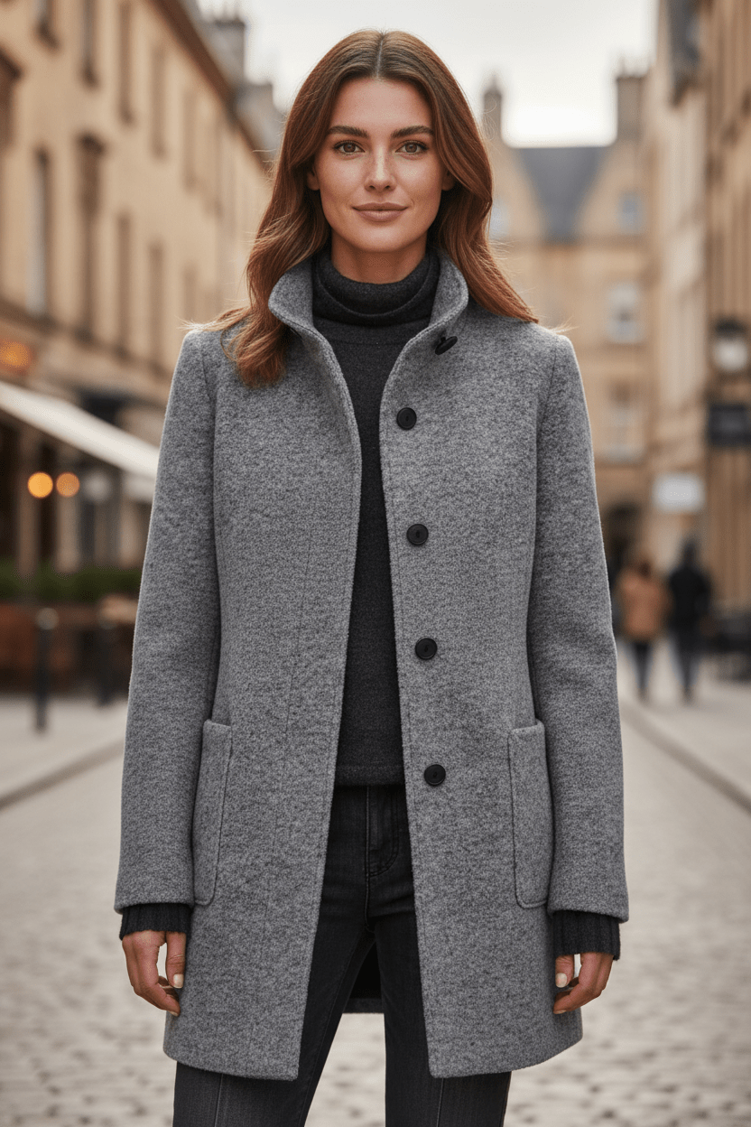Women's Mid-Length Coat with Stand Collar