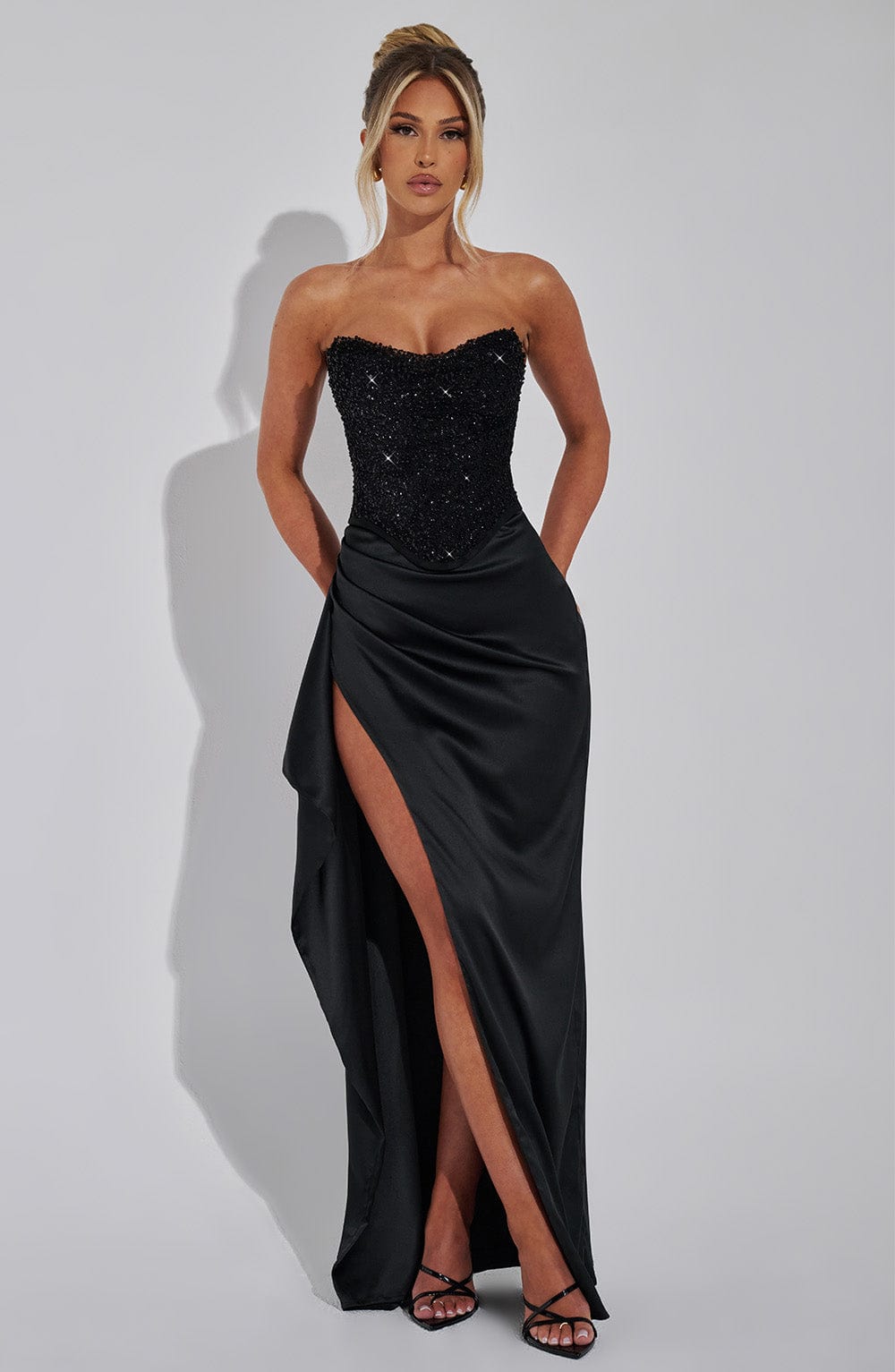 Women's Strapless Embellished Satin Evening Maxi Dress