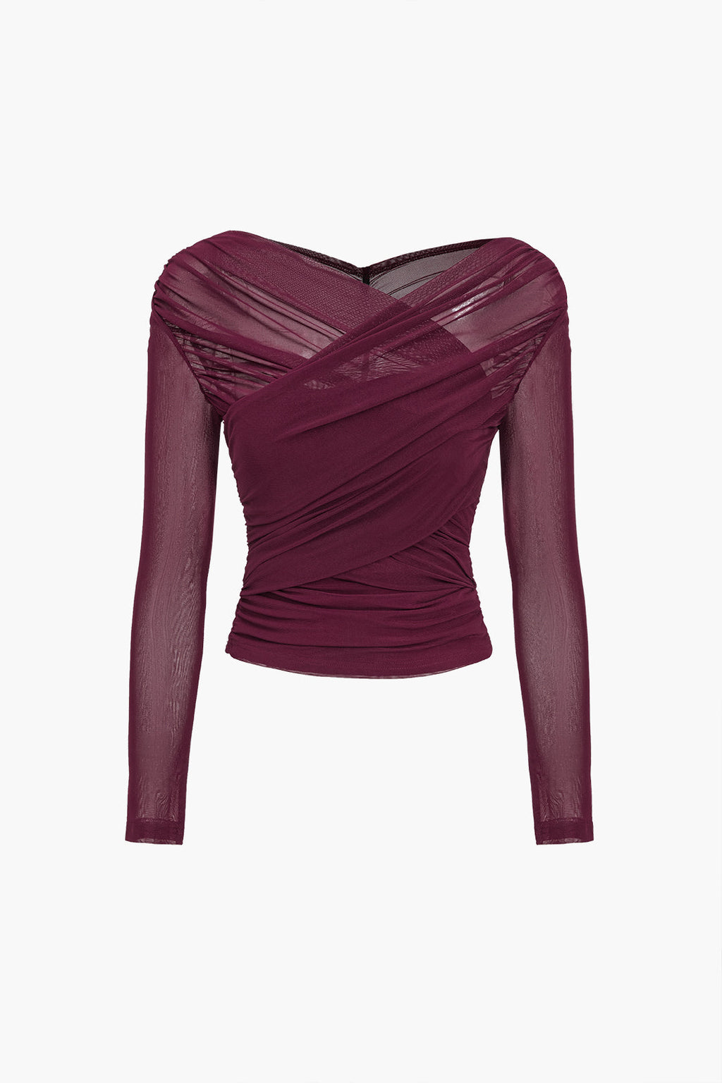Women's Ruched Off-Shoulder Mesh Long Sleeve Top
