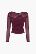 Women's Ruched Off-Shoulder Mesh Long Sleeve Top