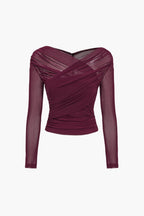 Women's Ruched Off-Shoulder Mesh Long Sleeve Top