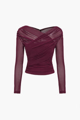 Women's Ruched Off-Shoulder Mesh Long Sleeve Top