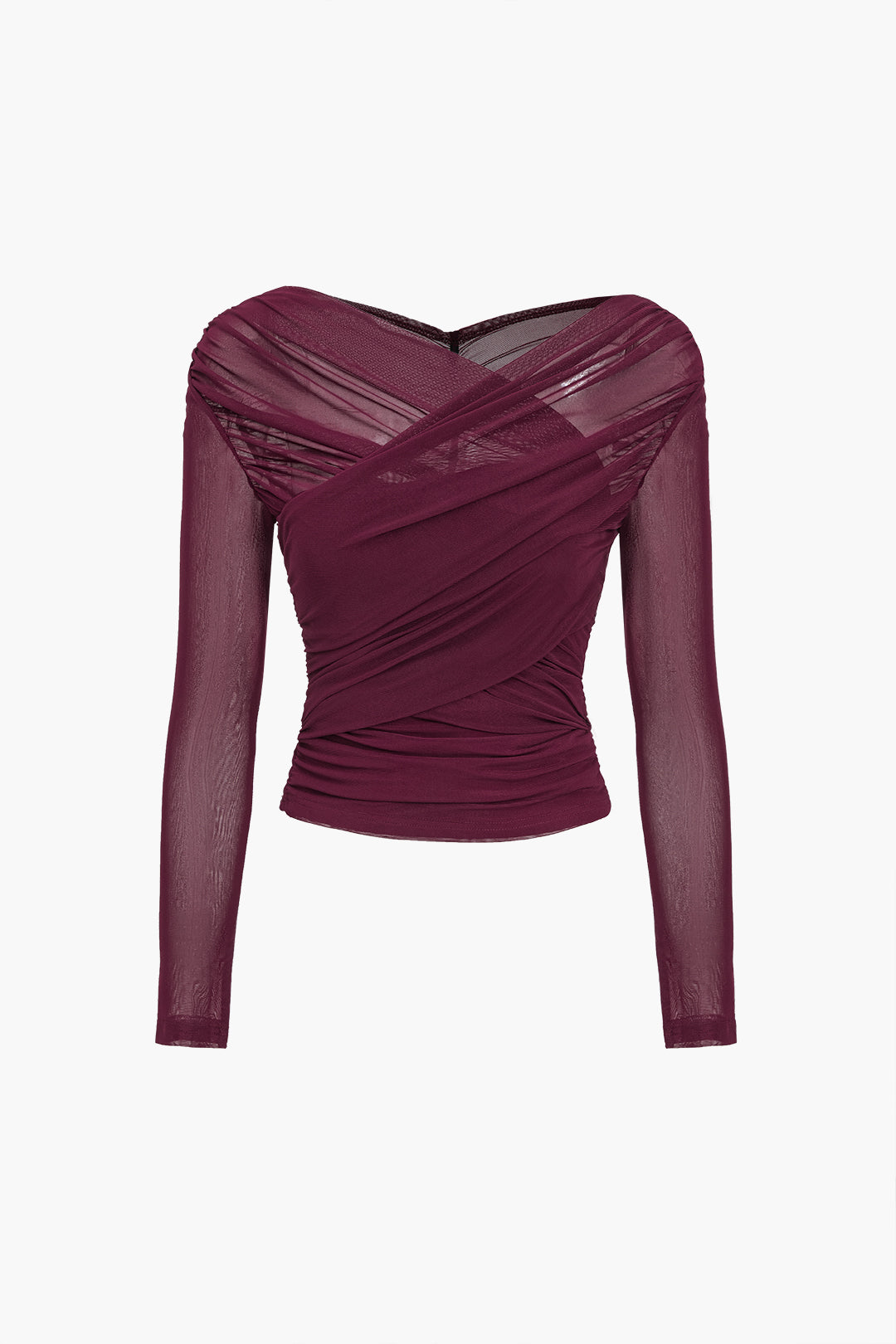 Women's Ruched Off-Shoulder Mesh Long Sleeve Top