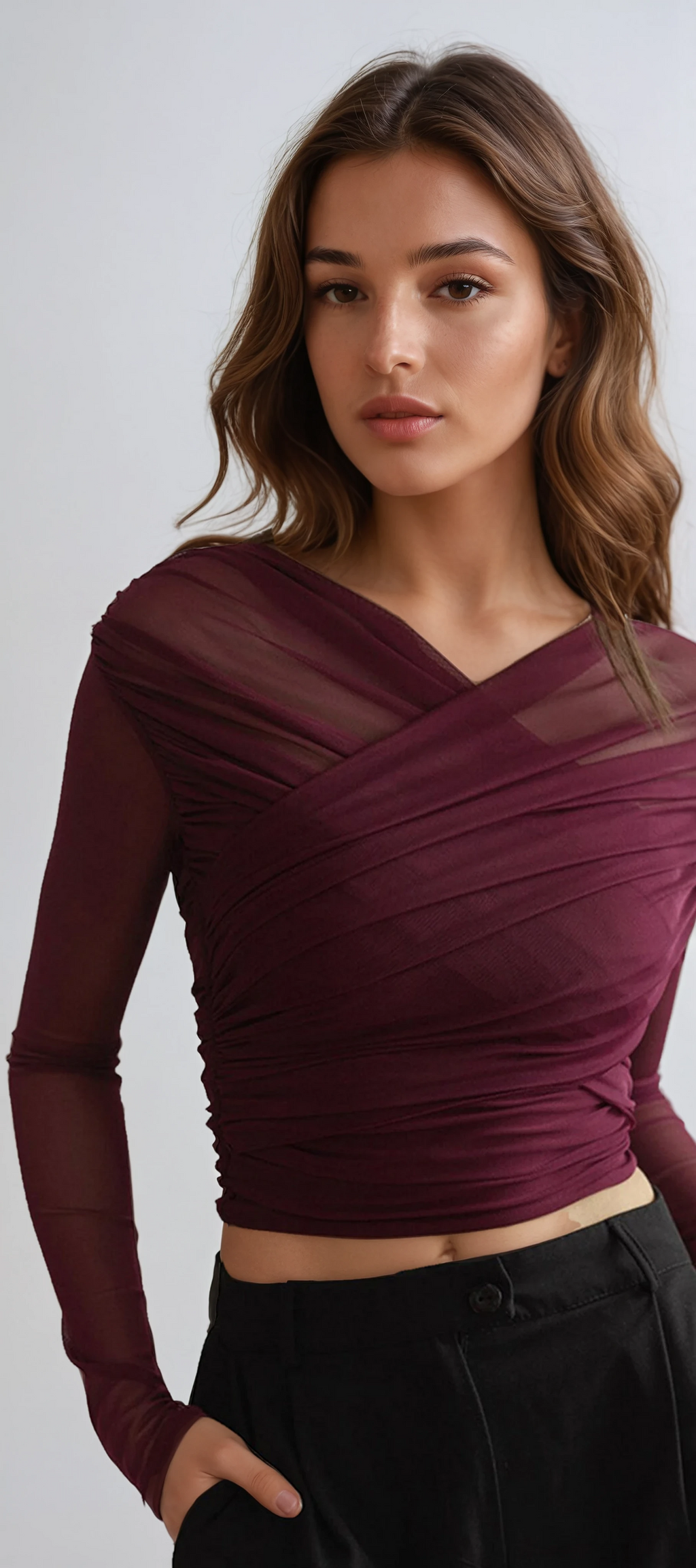 Women's Ruched Off-Shoulder Mesh Long Sleeve Top
