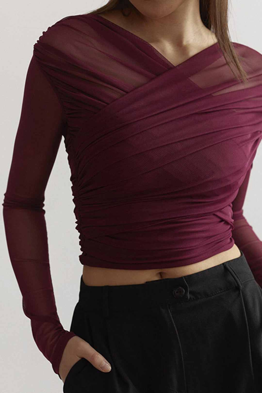 Women's Ruched Off-Shoulder Mesh Long Sleeve Top