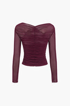 Women's Ruched Off-Shoulder Mesh Long Sleeve Top