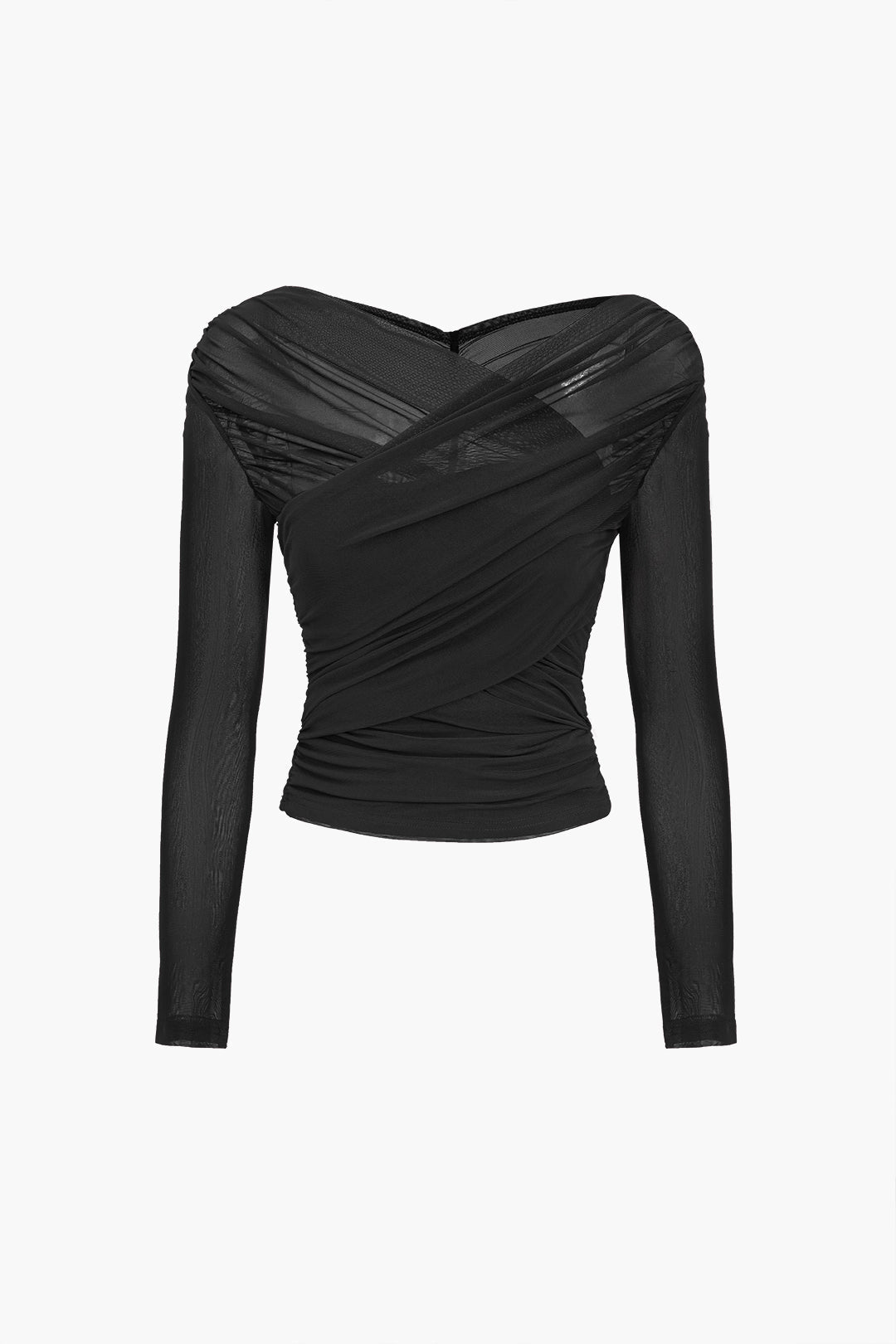 Women's Ruched Off-Shoulder Mesh Long Sleeve Top