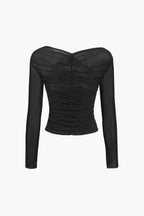 Women's Ruched Off-Shoulder Mesh Long Sleeve Top