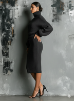 Women's Turtleneck Knit Midi Dress with Balloon Sleeves