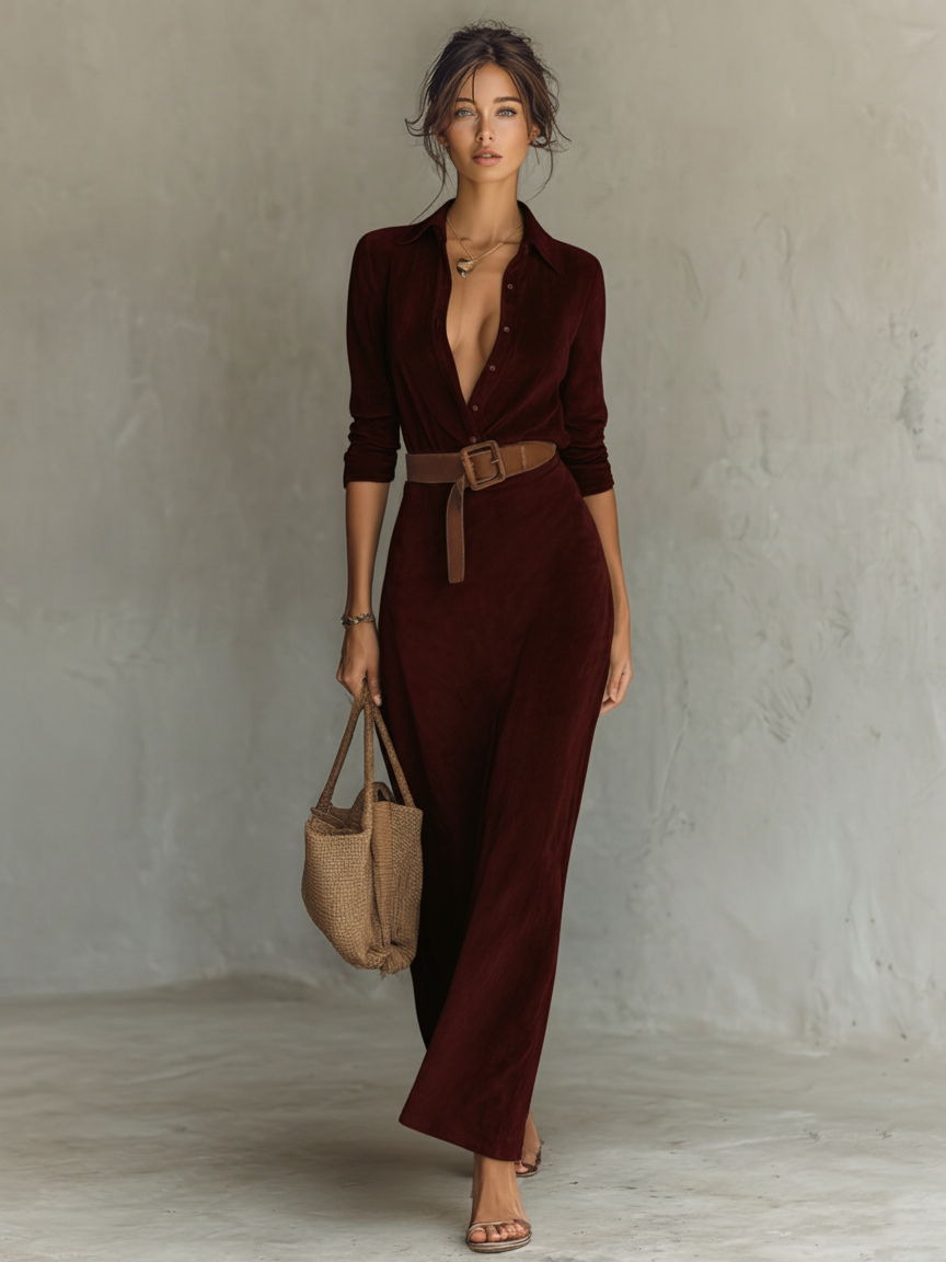 Women's Button-Front Maxi Shirt Dress