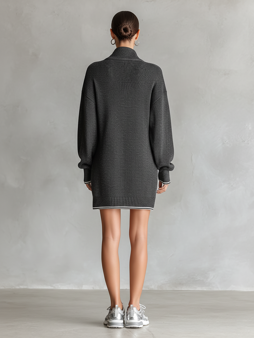 Women's Half-Zip Knit Mini Dress with Contrast Trim