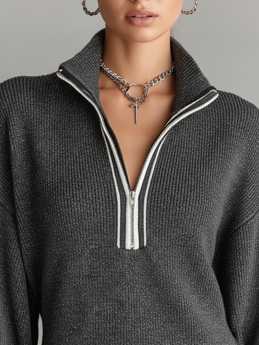 Women's Half-Zip Knit Mini Dress with Contrast Trim