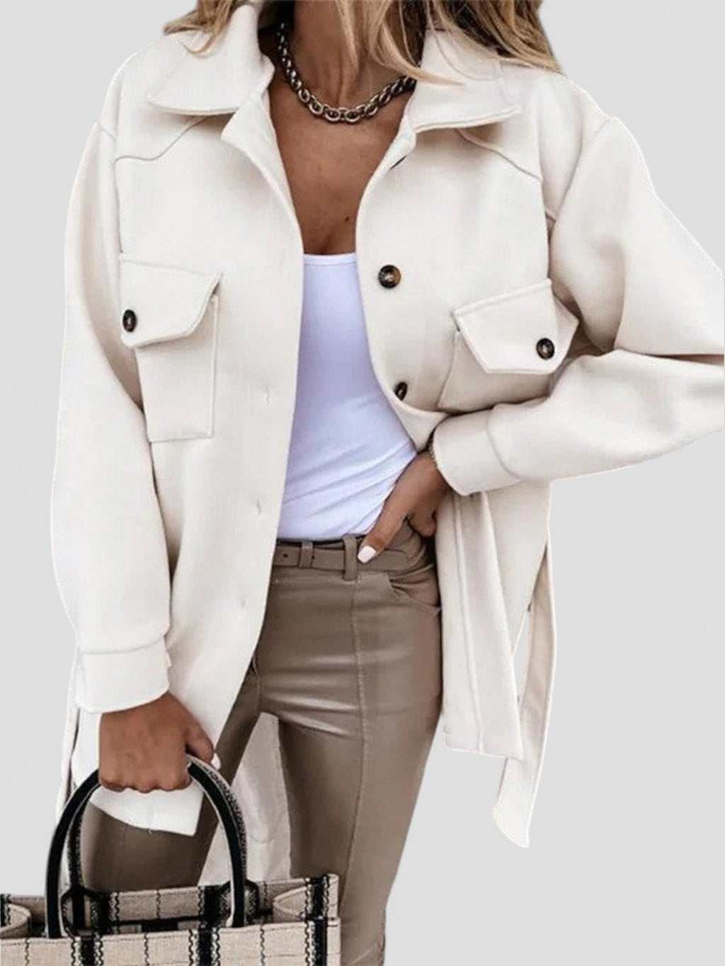 Women's Button-Front Shirt Jacket with Chest Details