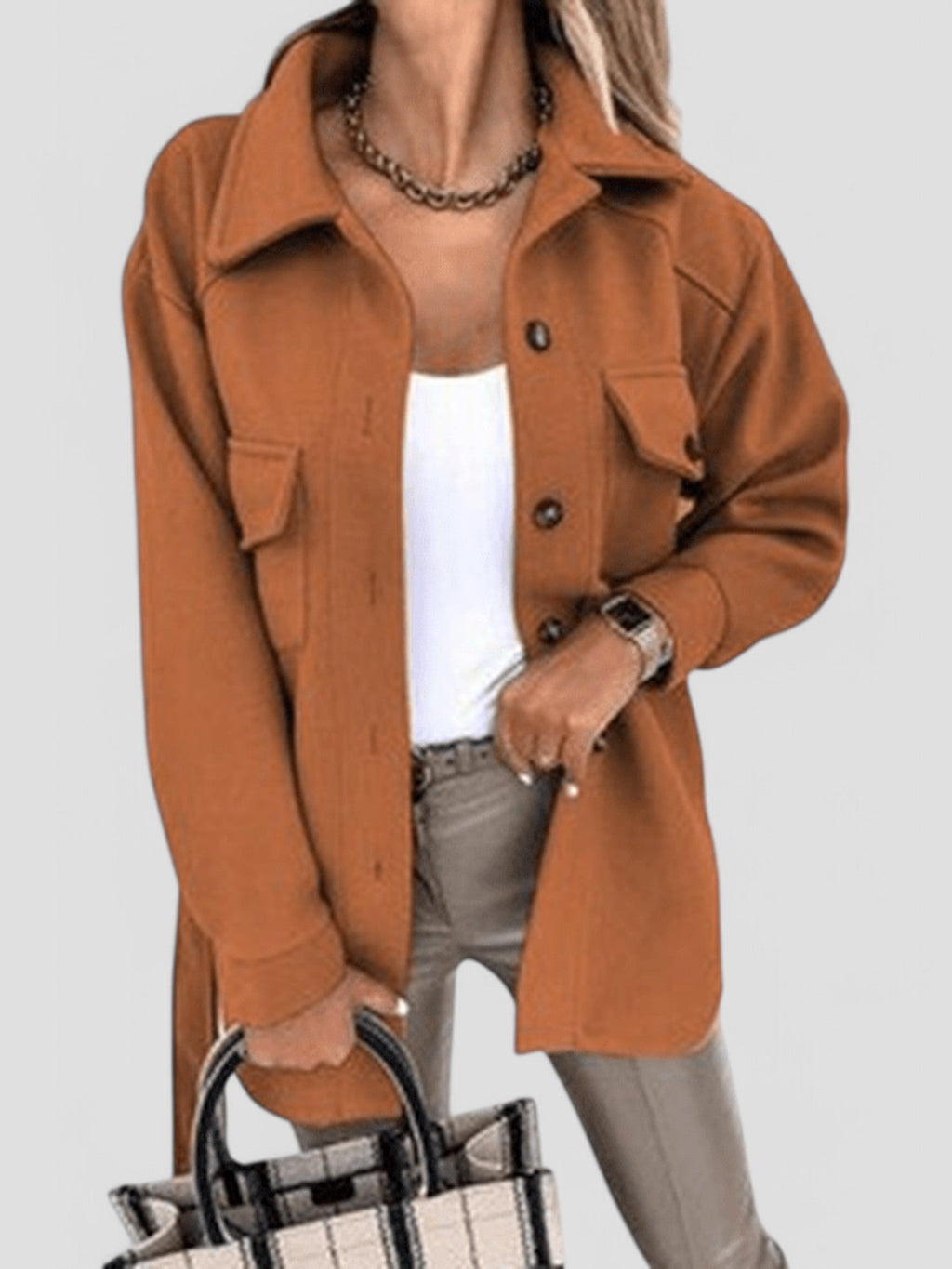 Women's Button-Front Shirt Jacket with Chest Details