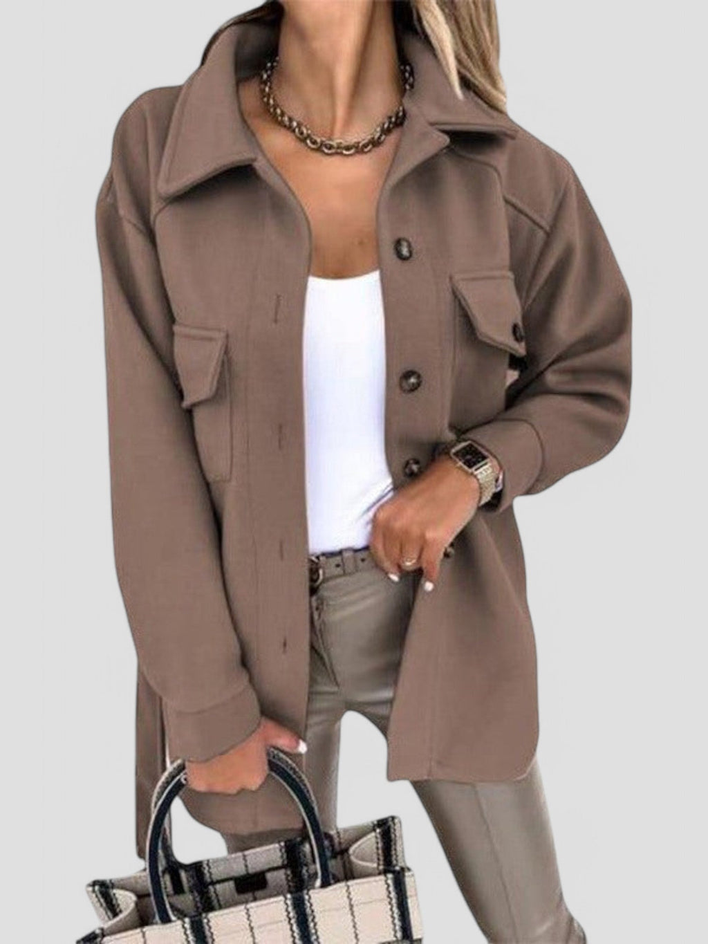 Women's Button-Front Shirt Jacket with Chest Details