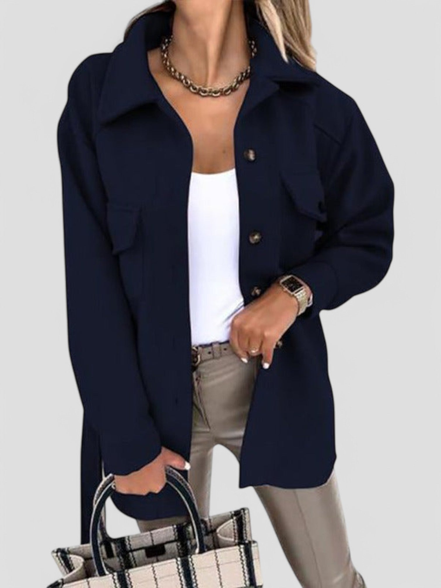 Women's Button-Front Shirt Jacket with Chest Details