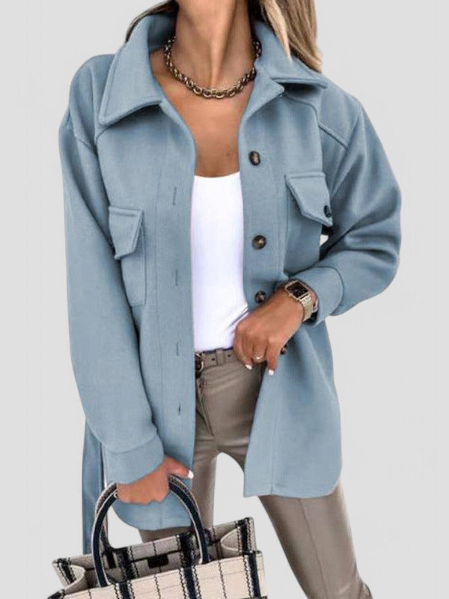 Women's Button-Front Shirt Jacket with Chest Details