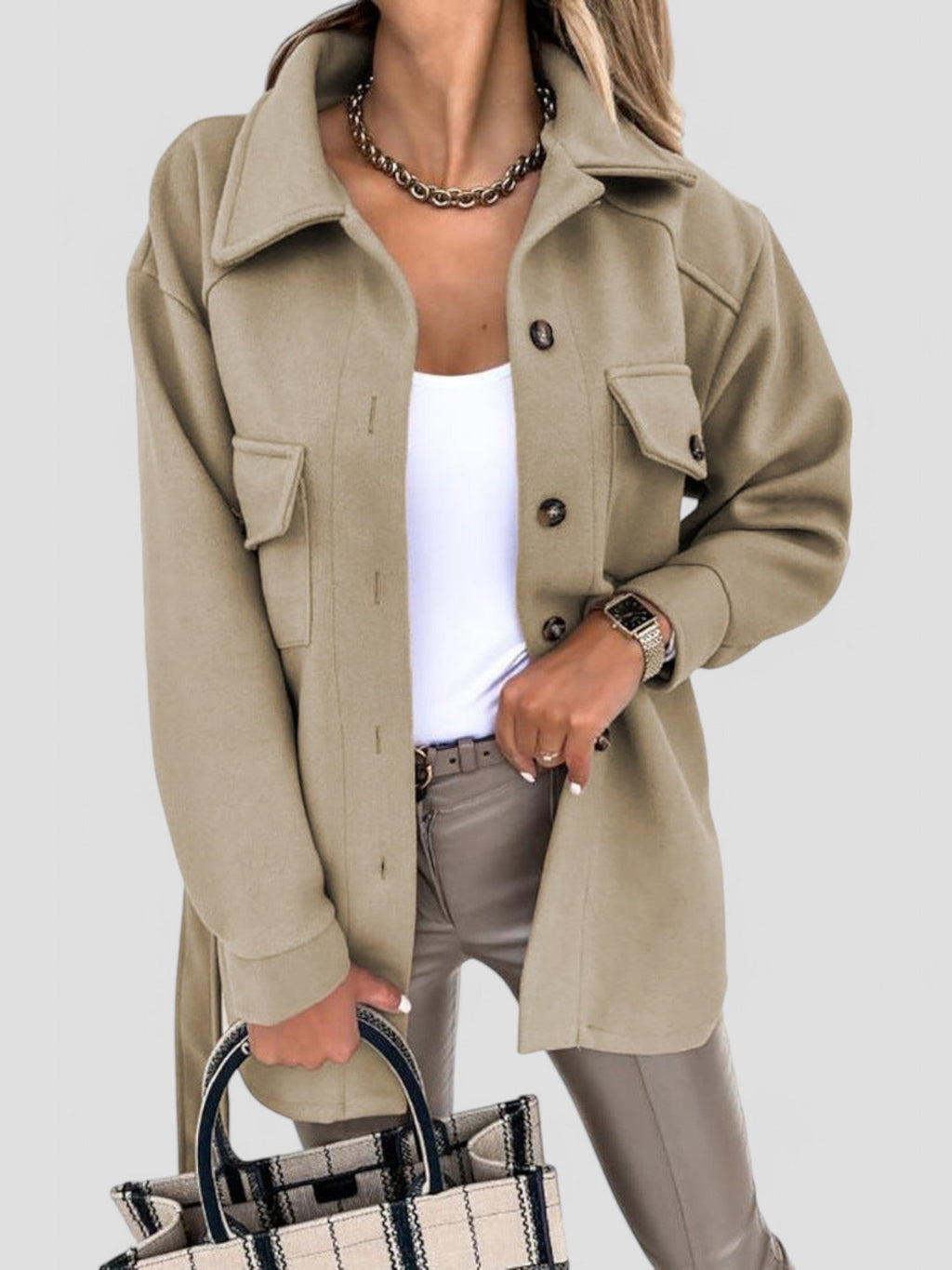 Women's Button-Front Shirt Jacket with Chest Details