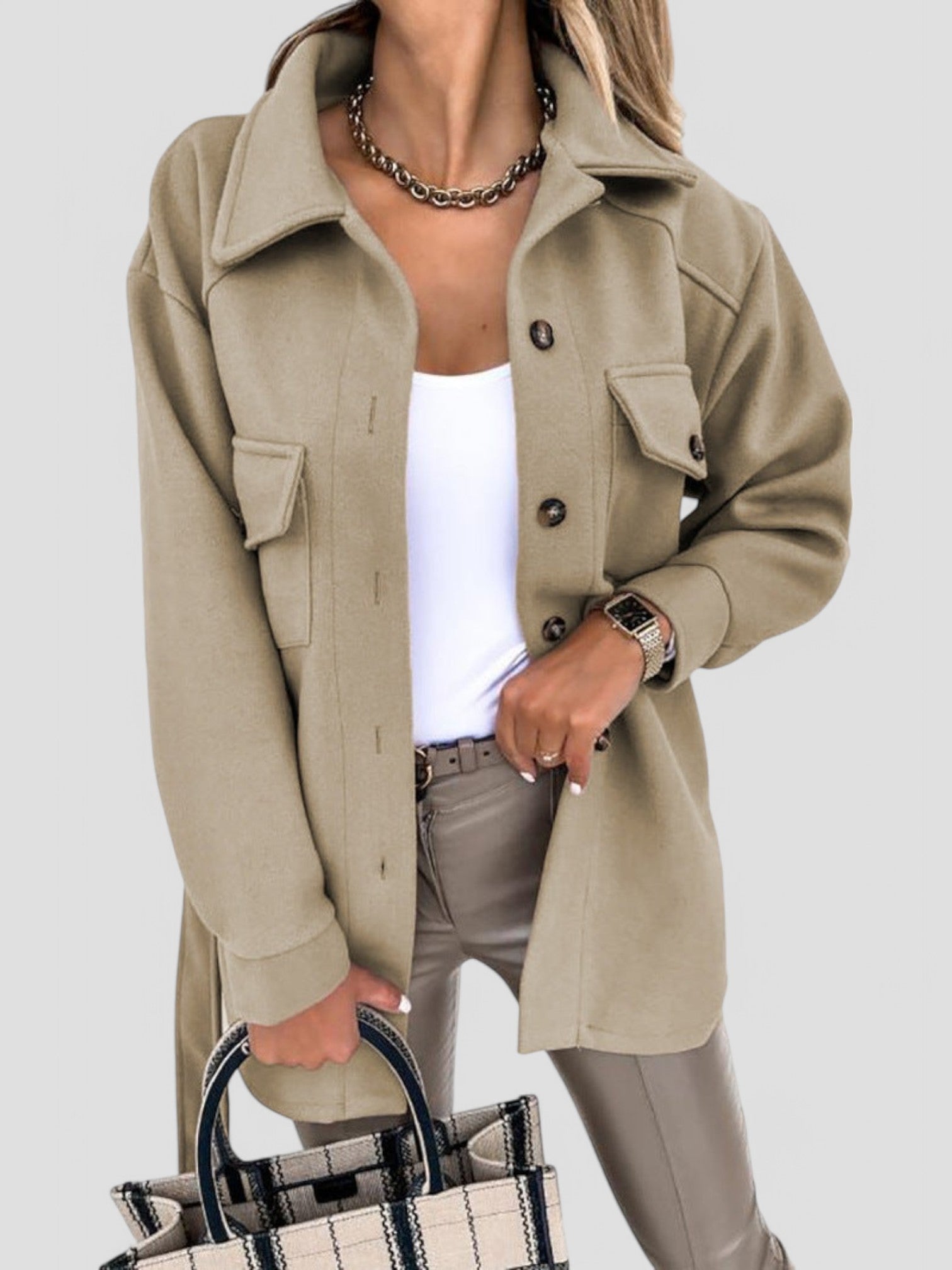 Women's Button-Front Shirt Jacket with Chest Details