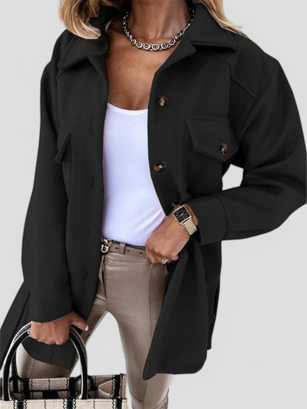 Women's Button-Front Shirt Jacket with Chest Details