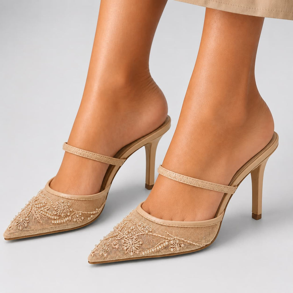 Women's Embroidered Mesh Slingback Heels