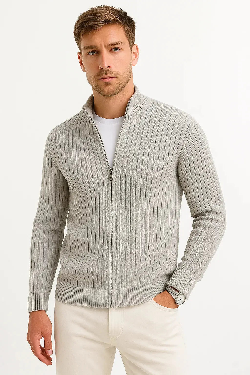 Men's Ribbed Full-Zip Knit Sweater