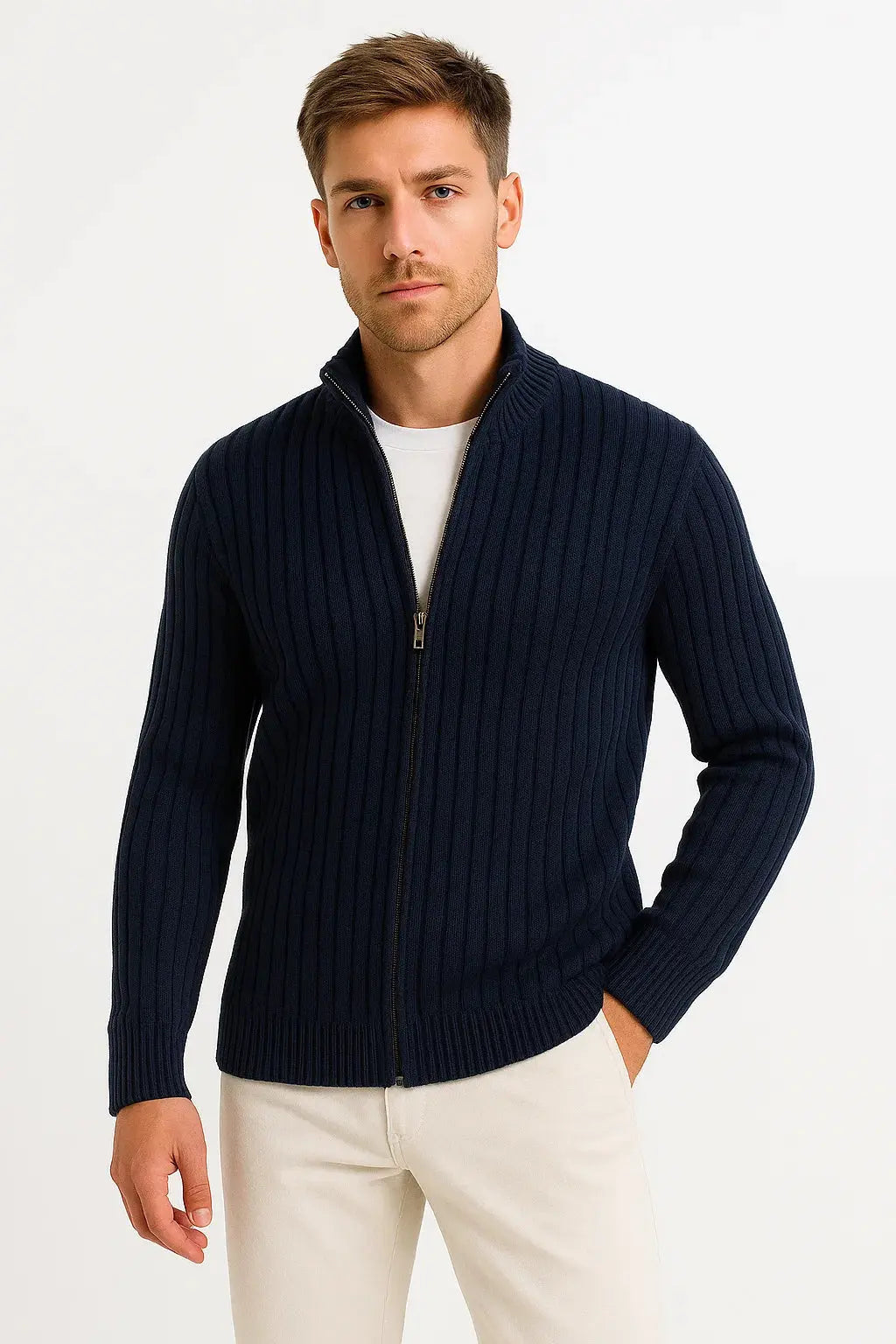 Men's Ribbed Full-Zip Knit Sweater